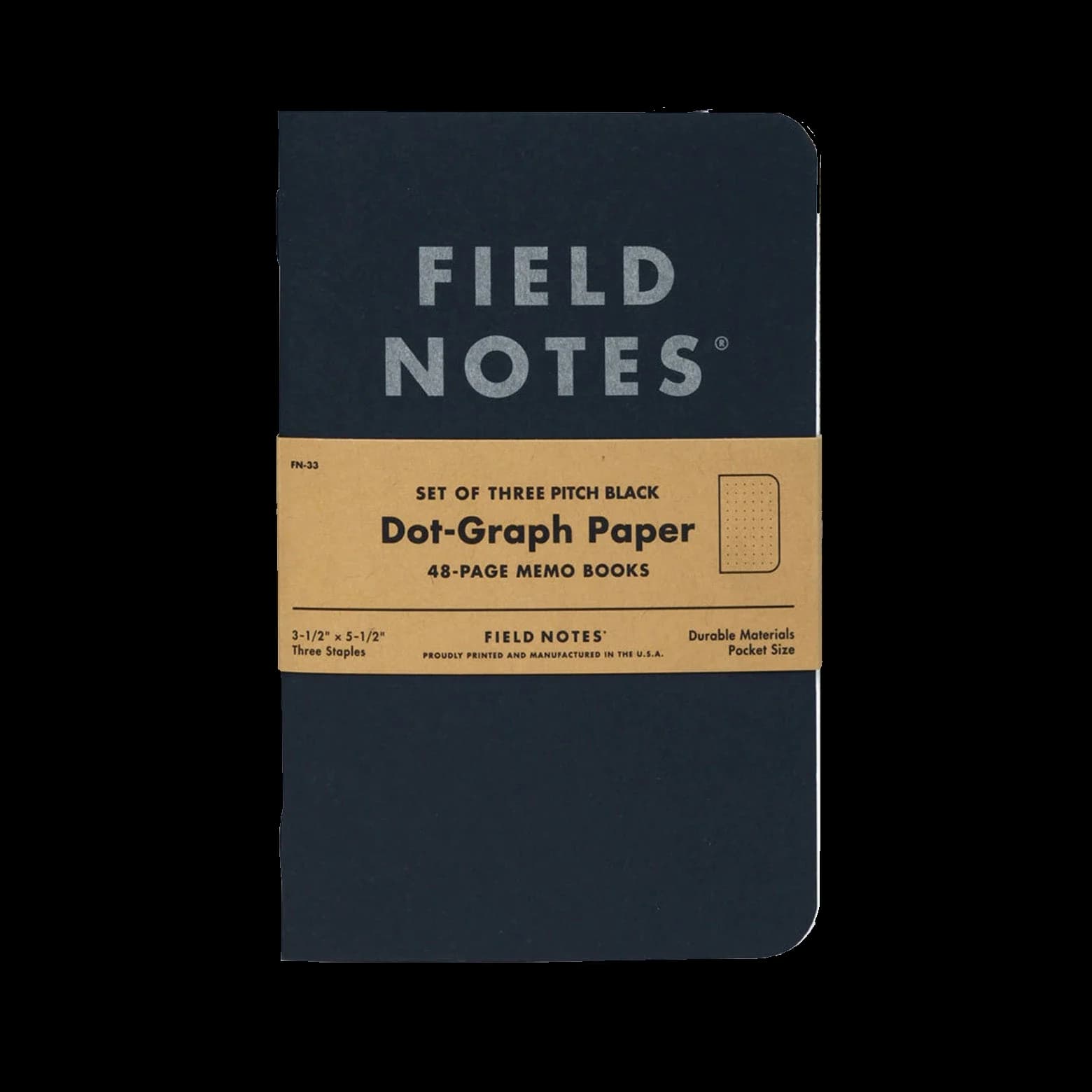 Field Notes Pitch Black Memo notatbøker, 3-pakk, prikket